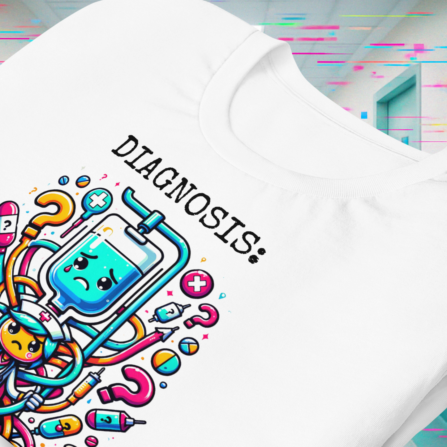 Close-up of the “Diagnosis: Too Much” print, highlighting vivid colors and detailed kawaii elements.