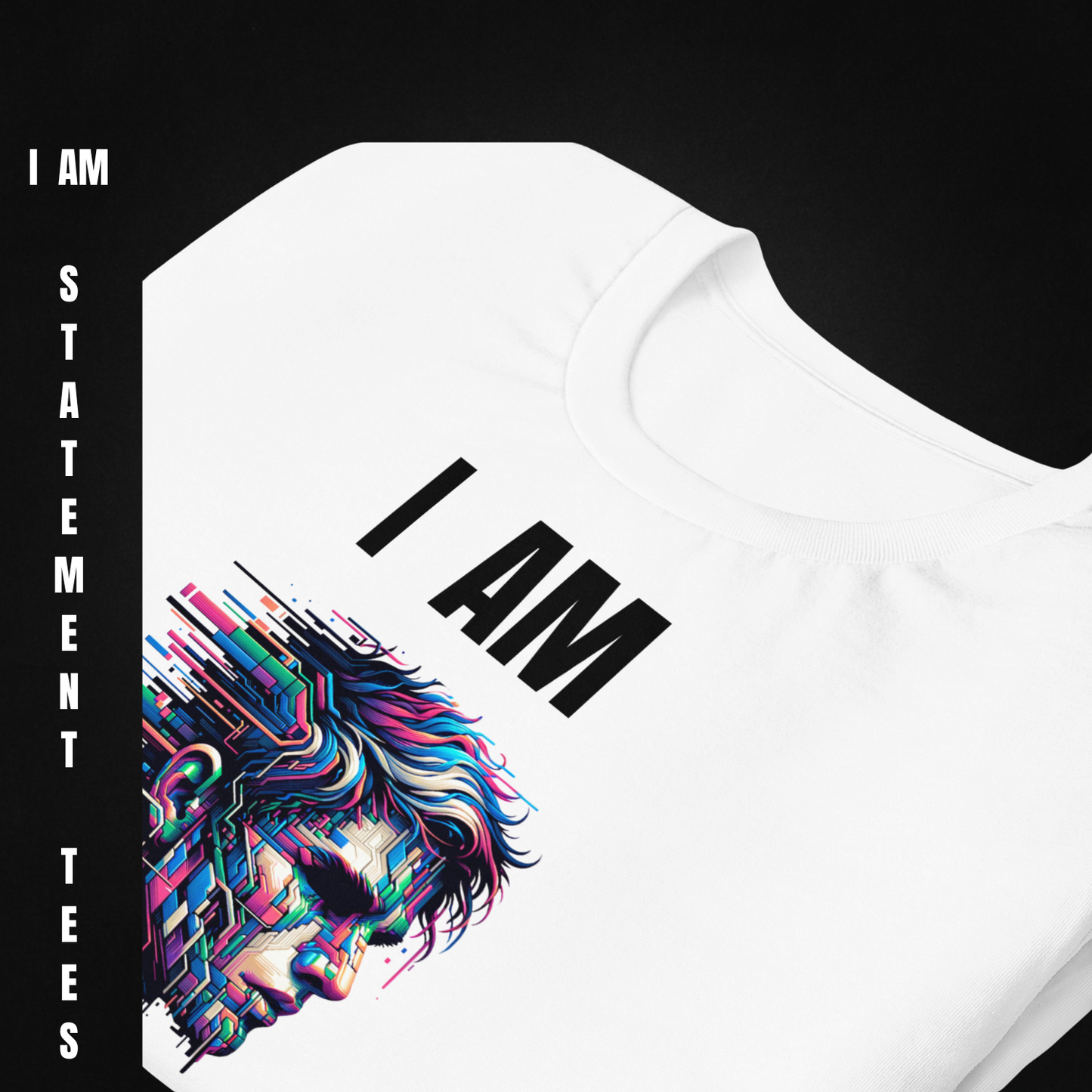 Close-up of I AM GLITCHY glitch art design on t-shirt, showing pixelated distortion effect