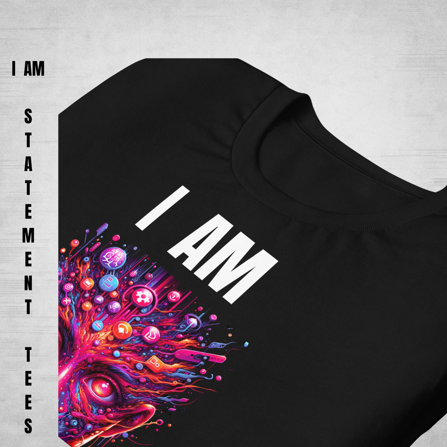 Close-up view of "I AM NEUROSPICY" design on black t-shirt by Mentally Glitched, showing vivid glitch colors on light backdrop.