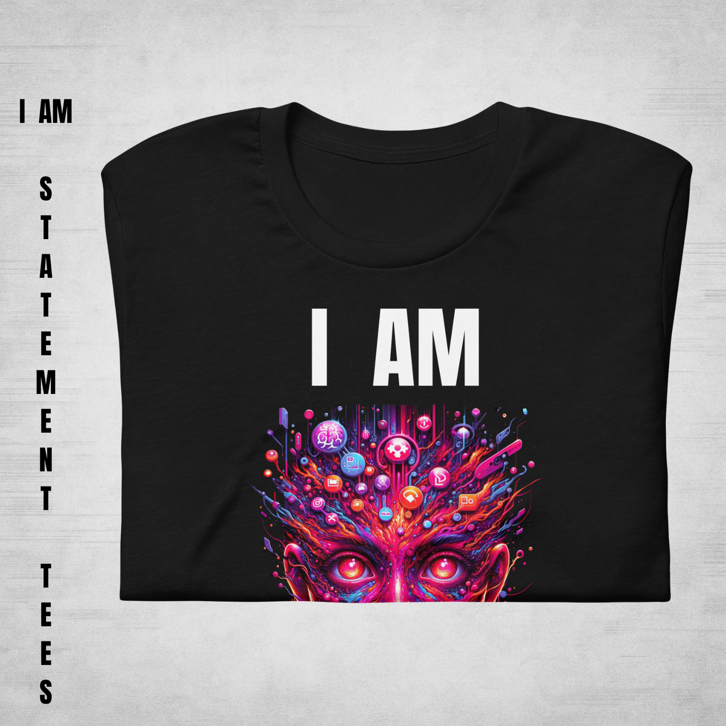 Folded black t-shirt featuring "I AM NEUROSPICY" glitch-style design by Mentally Glitched, on a clean light background.