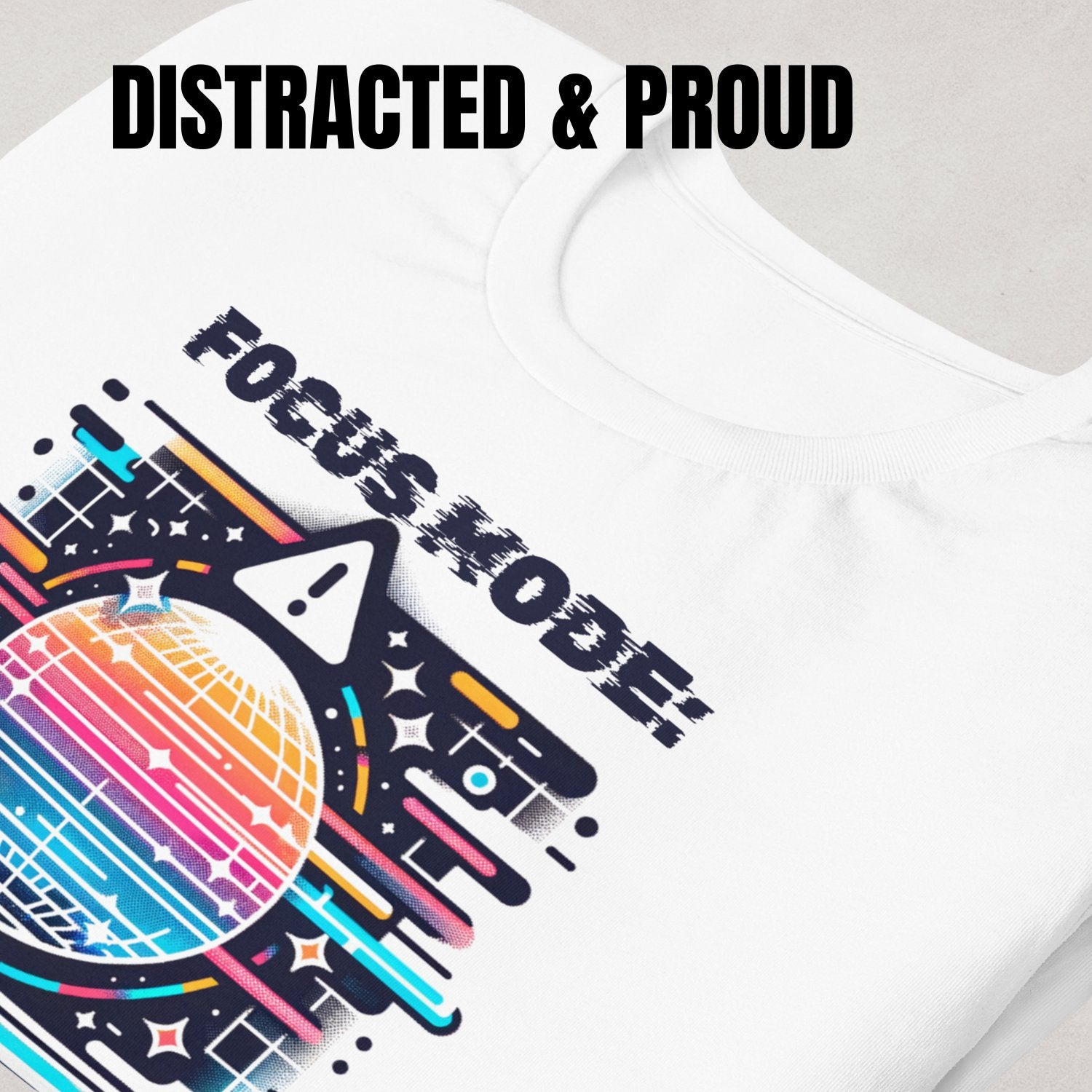Distracted & Proud Collection Cover – Glitched warning sign over a rainbow disco ball, expressing colorful neurodivergent distraction with pride.