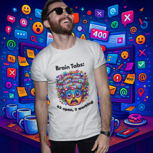 Man wearing Brain Tabs t-shirt, laughing  – funny ADHD shirt