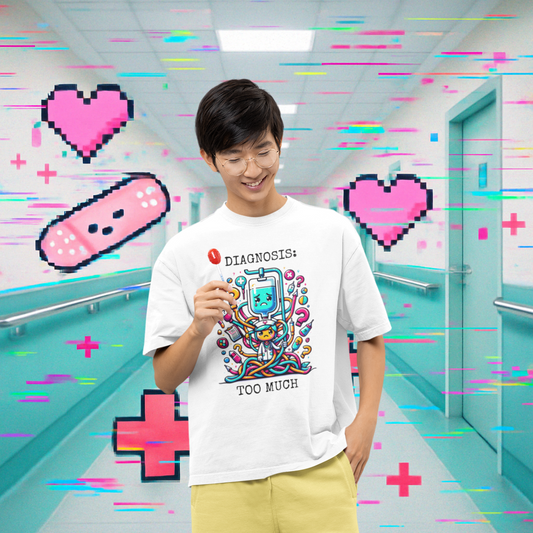 Boy in pastel kawaii style outfit wearing the “Diagnosis: Too Much” t-shirt with playful expression.