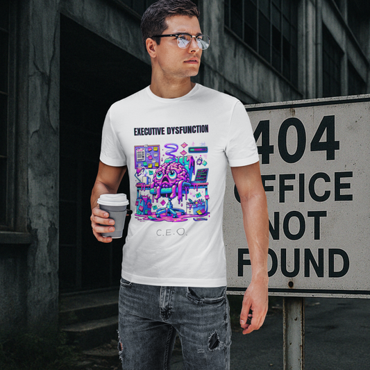  T-shirt with Executive Dysfunction C.E.O. design worn by a man drinking coffee, urban manager aesthetic.