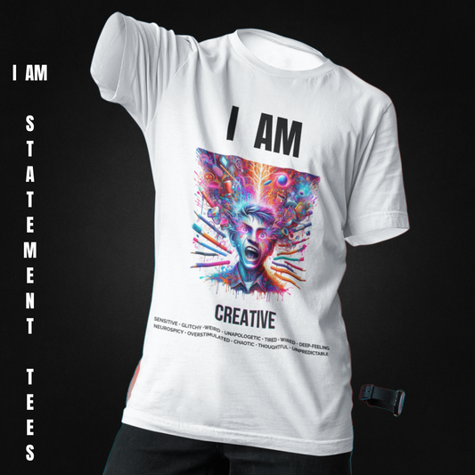 Model wearing I AM CREATIVE t-shirt by Mentally Glitched, ghost-style mockup with dynamic pose against dark background.
