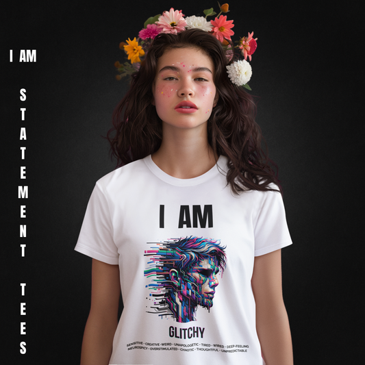 Model wearing I AM GLITCHY t-shirt by Mentally Glitched, standing with neutral expression and floral crown, against a soft gradient background. Digital art design with glitch effect in profile view.