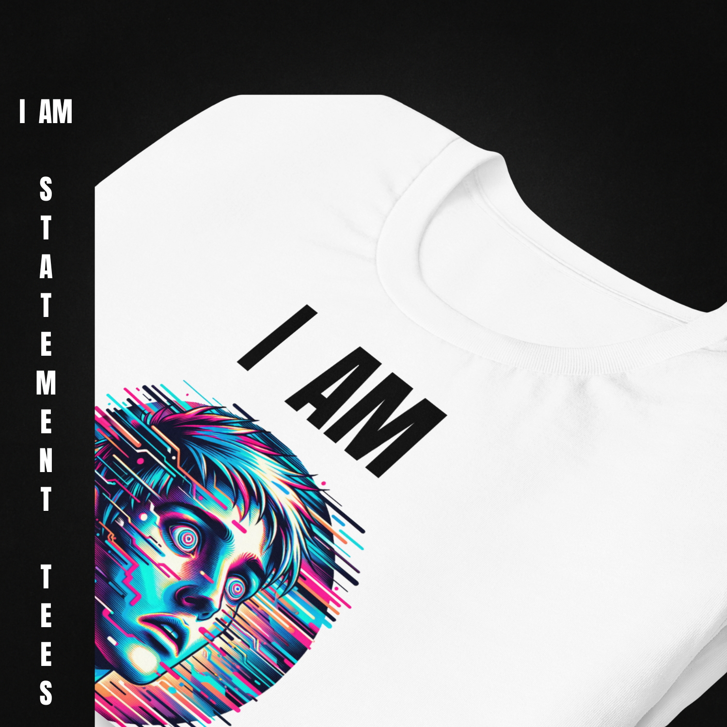 Close-up of I AM OVERSTIMULATED glitch art design on t-shirt, showing pixelated distortion effect