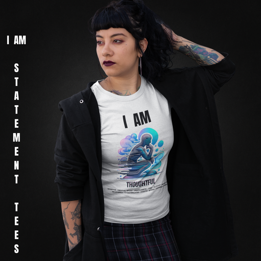 Model wearing the 'I Am Thoughtful' t-shirt, standing confidently