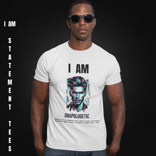 Model wearing I AM UNAPOLOGETIC t-shirt by Mentally Glitched, standing confidently against a dark textured background.