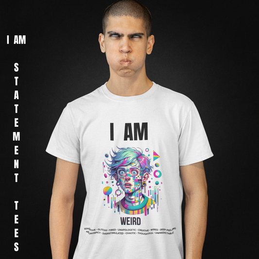 Man wearing the "I AM WEIRD" t-shirt by Mentally Glitched, pulling a funny face with puffed cheeks and eyes looking upward. The look enhances the quirky and offbeat spirit of the design, set against a clean black background.
