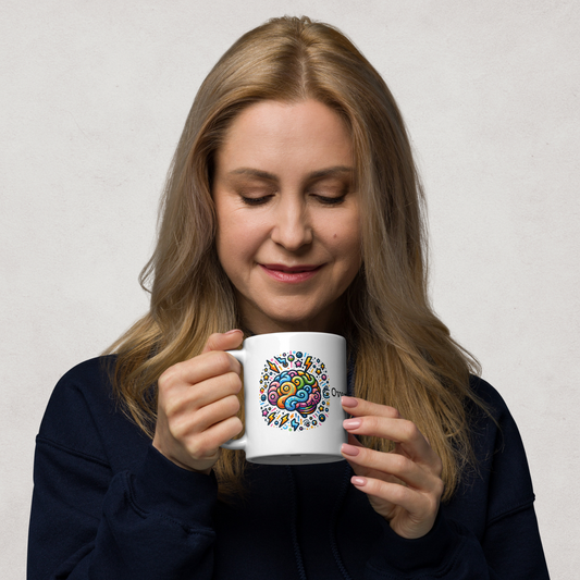 Woman smiling while holding a white mug with colorful brain and the text “Overthinking Is My Cardio” – Funny ADHD ceramic mug by Mentally Glitched.