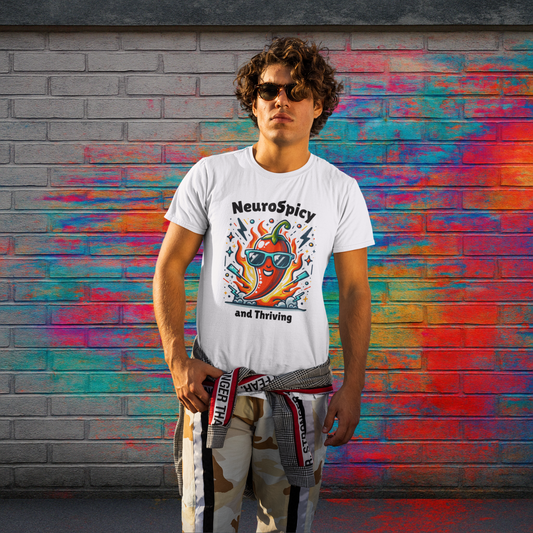 Man wearing "NeuroSpicy and Thriving" T-shirt in an urban colorful setting, streetwear style.