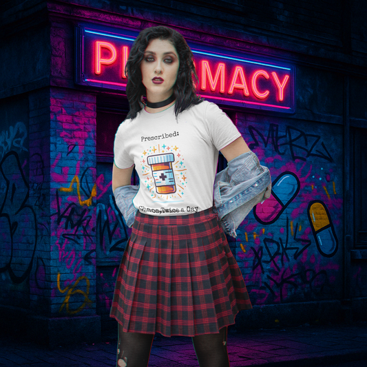 Goth girl wearing a "Prescribed: Chaos, Twice a Day" t-shirt in front of a graffiti pharmacy wall, urban grunge style.